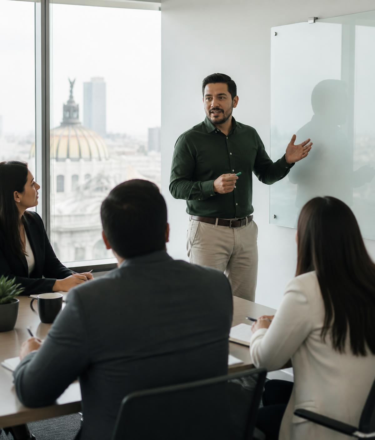 Facilitador de Avanza conduciendo un taller de habilitación comercial con un equipo de ventas B2B en Ciudad de México