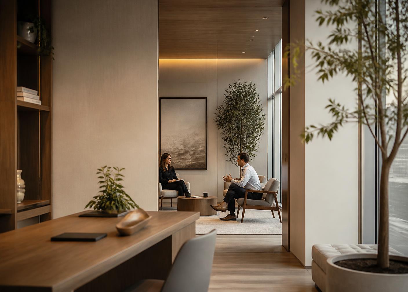 Oficinas de Avanza: consultores conversando en una sala minimalista con luz natural, reflejando el trabajo colaborativo de la firma